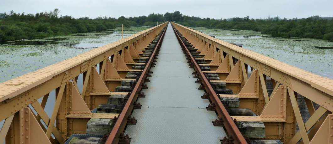 Spoorbrug nu wandelbrug over het moeras bij natuurgebied De Moerputten
