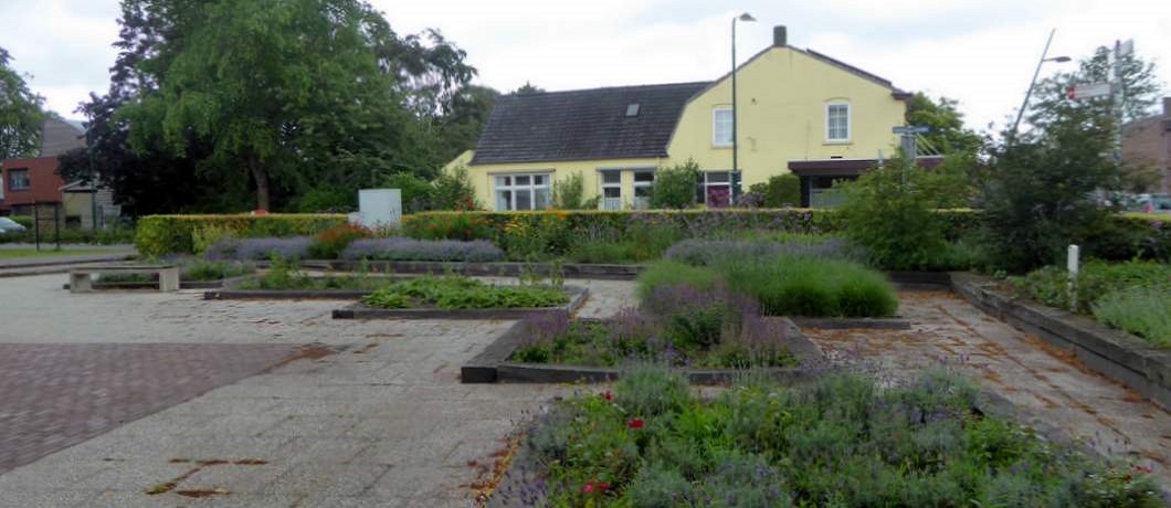 Plantsoen met vierkante borders met bielzen, van Mien Ruys, onderdeel van de Rietveldwandelroute in Bergeijk