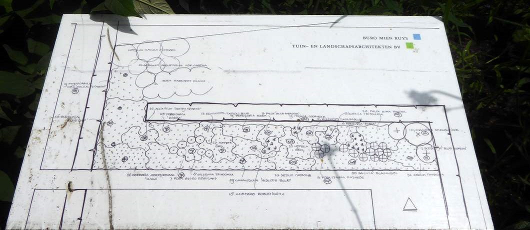 Plattegrond van de beelden- en bloementuin in Bergeijk, onderdeel van de Rietveldwandelroute