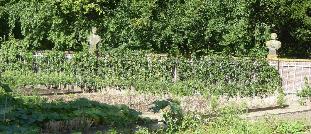 De muur van de moestuin van Slot Zuylen, omgeven door beelden