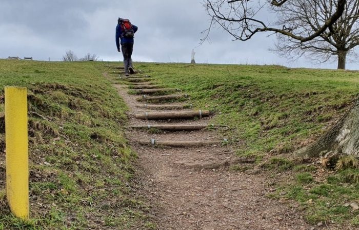 Bijna op de top van de Gulperberg. Op het middelste paaltje duidelijk zichtbaar de wit-blauwe markering van de Dutch Mountain Trail.