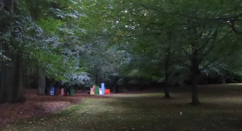 De kleurrijke identieke blokkengroepen maar anders geordend van Julian Opie in beeldentuin Clingenbosch
