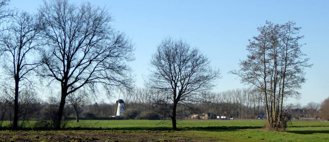 Witte molen in het landschap van de Meierij bij de Trage Tocht Gemonde