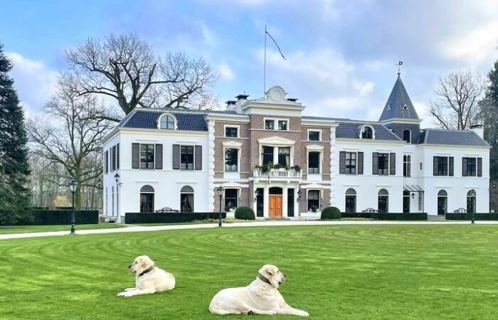 Huize Den Treek met de honden op het gazon tijdens de Trage Tocht Den Treek Henschoten.