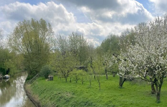 Uitzicht op de Korne tijdens de bloesemwandeling in de Betuwe over het Errekomsepad.