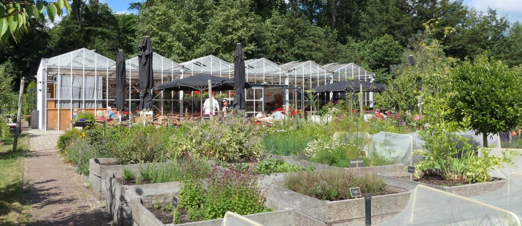 De kas annex café met moestuin ervoor van buitenplaats Ockenburgh bij Den Haag.